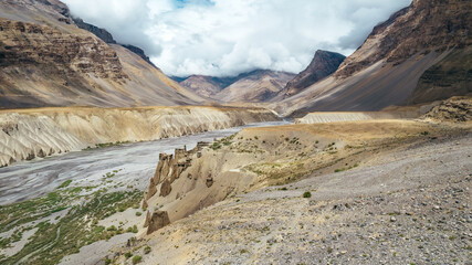beautiful mountain landscape viewpoint at Spiti Valley in Himachal Pradesh with river below
