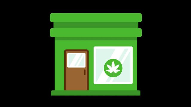 Icon animation of a green building that looks like a marijuana dispensary to get medical or medicinal marijuana.