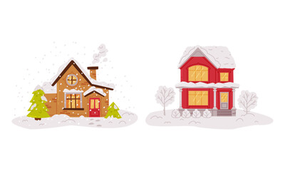 Bright cosy wooden houses with glowing windows. snowy rooftops and smoke in chimney flat vector illustration