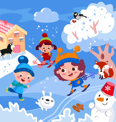 Obraz na płótnie Canvas Cute kids and animals in winter. Characters in cartoon style. Children skiing, skating, vector illustration.