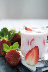 Healthy food of yogurt, Strawberry Yogurt,yogurt with fresh strawberry, wood background