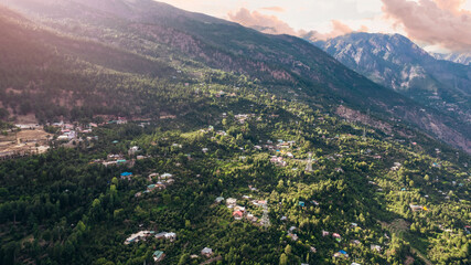 Beautiful aerial sunset of Kalpa Village in Himachal Pradesh on the Himalayan mountain range 