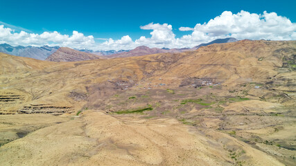aerial panoramic of Himalayan mountain range in North India of Spiti Valley near Hikkim Village during summer