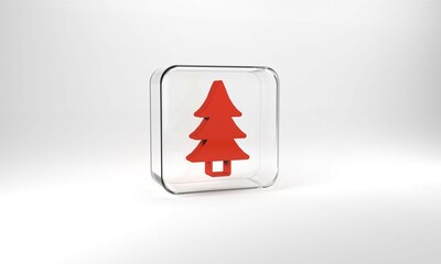 Red Tree icon isolated on grey background. Forest symbol. Glass square button. 3d illustration 3D render