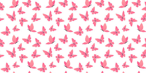 Vector seamless pattern with pink beautiful butterfly on white color background. Colorful design of seamless pattern with different butterfly