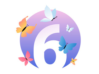 Design with butterfly and number 6 for web, site, banner, poster, print, greeting card. Vector illustration of beautiful bright butterfly with number six