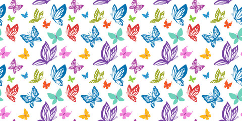 Colorful design of seamless pattern with line art butterfly for web, banner, print, textile, greeting card. Vector seamless pattern with beautiful butterfly