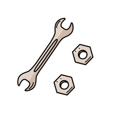 Wrench and nuts, doodle elements of construction tools, vector illustration