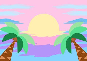 tropical island with tropical  trees with a cute sun