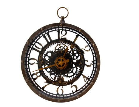 steampunk style see through  clock with cogs transparent background .