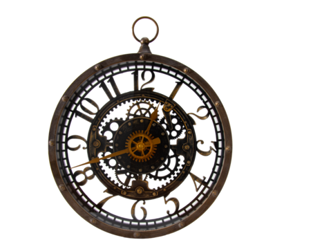 steampunk style see through  clock with cogs transparent background .