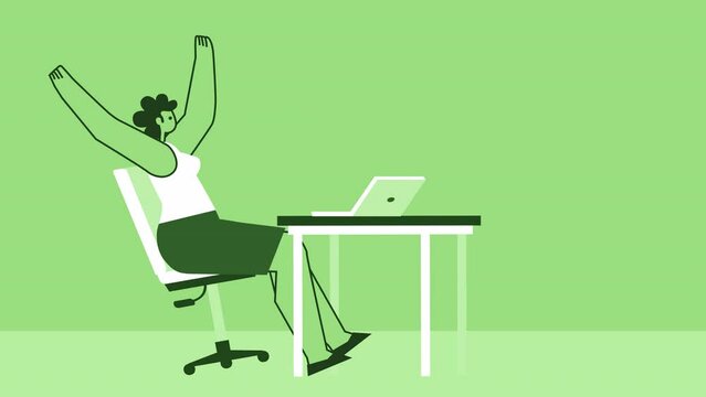 Green Style Woman Flat Character with Laptop Happily Jumping at Workplace. Isolated Loop Animation with Alpha Channel