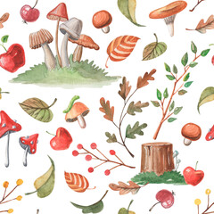 Watercolor seamless cartoon pattern with hand-drawn forest elements. Cute colorful illustrations of autumn mushrooms, leaves, oak branches and apples. 