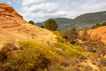 View of the red lands in the Luberon Natural Park, Roussillon France.