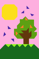 illustration of a beautiful view of a tree and sun or moon with shades of pink background