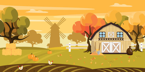 Naklejka premium Vector illustration of a beautiful autumn farm. Cartoon landscape with hay bales, chickens, mill, pumpkins, yellow trees, field, barn, fence.