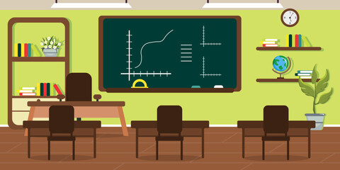 Vector illustration of modern interior school classroom. Cartoon interior with desks, chairs, flowerpots, blackboard, shelves, books, clocks, globe.
