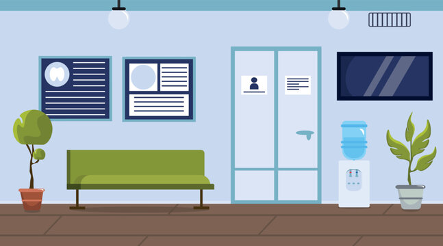 Vector Illustration Of Modern Interior Waiting Room To The Doctor. Cartoon Interior With Bench, Flowerpots, Water, TV, Information Stands.