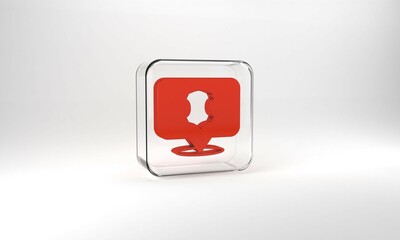 Red Leather icon isolated on grey background. Glass square button. 3d illustration 3D render