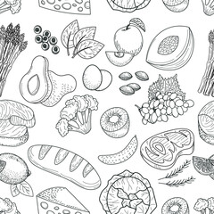 Hand drawn healthy food seamless pattern. Organic meal. 