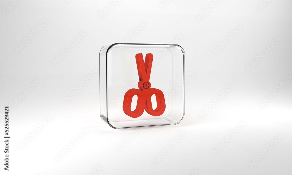 Poster red scissors icon isolated on grey background. tailor symbol. cutting tool sign. glass square button