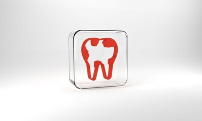 Red Broken tooth icon isolated on grey background. Dental problem icon. Dental care symbol. Glass square button. 3d illustration 3D render