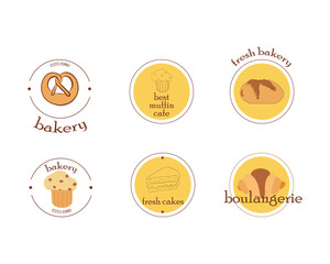 Boulangerie, bakery shop, cafe logo vector design. Bread, croissant, muffin, cake pastry  icons. Wheat, dough elements. Round icons.