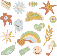 Cartoon funky mushrooms, flowers, rainbow, vintage hippy style element vector set. Retro 70s 60s Hippie Groovy Flower