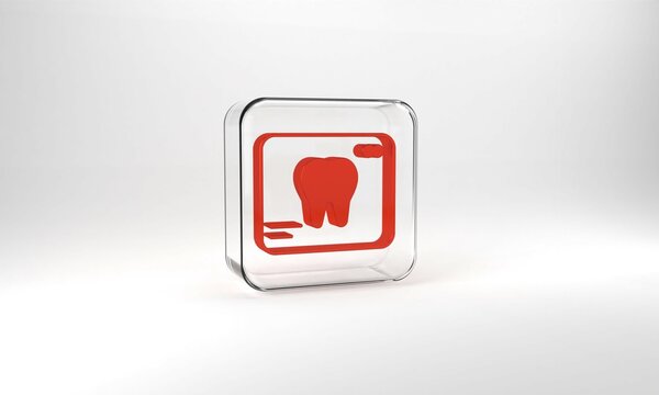 Red X-ray of tooth icon isolated on grey background. Dental x-ray. Radiology image. Glass square button. 3d illustration 3D render © Iryna