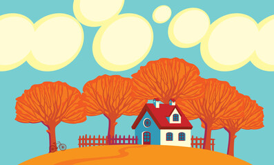Autumn landscape with village house, yellowed trees and clouds in the bright blue sky. Cartoon children's fall illustration. Decorative vector banner in flat style