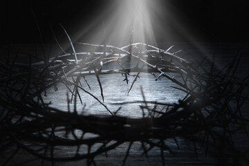 Crown of thorns as a symbol of death and resurrection of Jesus Christ. Horizontal image.