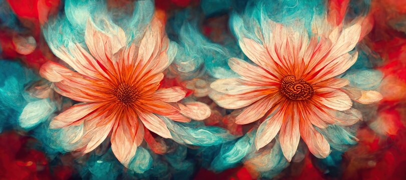 Ethereal surreal daisy flowers art in lovely pastel red and blue fusion colors, flowing fiery background bokeh blur. Unique and sublime blooming spring vibes.