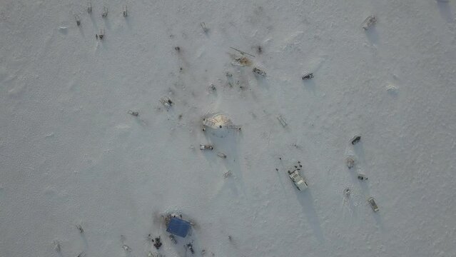 Wonderful capturing video of drone from the top of yurts in the middle of tundra in Arctic