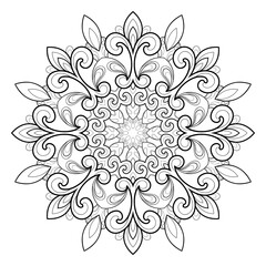 Decorative mandala with floral and vintage patterns on a white isolated background. For coloring book pages.