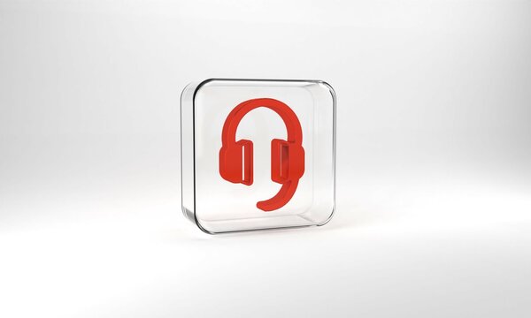 Red Headphones icon isolated on grey background. Earphones. Concept for listening to music, service, communication and operator. Glass square button. 3d illustration 3D render