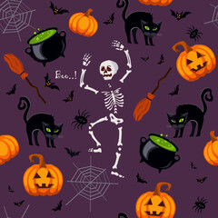 Seamless vector texture for fashion prints. Themed pattern of pumpkins, skeleton, black cats, brooms, bats are scattered randomly. Cute vector illustration made in bright festive colors.