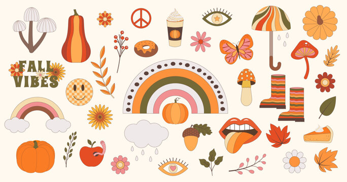 Set of autumn vibe retro groovy elements 70s-80s style. Daisy flowers, mushroom, peace sign, lips, rainbow, pumpkins, autumn leaves, hippie style elements. Fall vibes decorative vector flat symbols