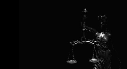 Silhouette of lady Justice with scales of truth. Conceptual image of justice, law and legal system. Copy space.