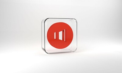 Red Speaker volume, audio voice sound symbol, media music icon isolated on grey background. Glass square button. 3d illustration 3D render