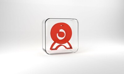 Red Web camera icon isolated on grey background. Chat camera. Webcam icon. Glass square button. 3d illustration 3D render