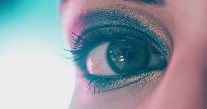 Creative woman eye makeup, face cosmetic and cyberpunk eyes closeup and zoom for an eyesight exam. Portrait of beauty model, rocker and punk with dark eyeliner, futuristic fashion and bold art vision