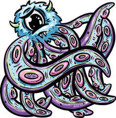 Octopus Tentacle Monster Cartoon Illustration for Logo Design in Vector