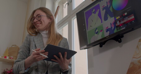 Portrait of smiling girl in glasses for vision correction during the educational process. Advantages of wearing eyeglasses. 12.04.2022 V Holesovickach, Prague, Czech Republica