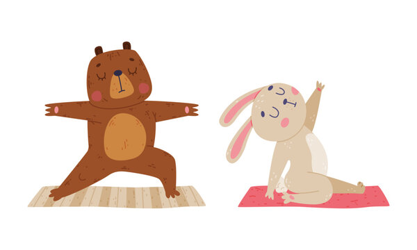 Cute animals doing yoga. Bear and bunny performing various yoga poses set cartoon vector illustration