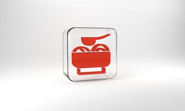 Red Ramen soup bowl with noodles icon isolated on grey background. Bowl of traditional asian noodle soup. Glass square button. 3d illustration 3D render