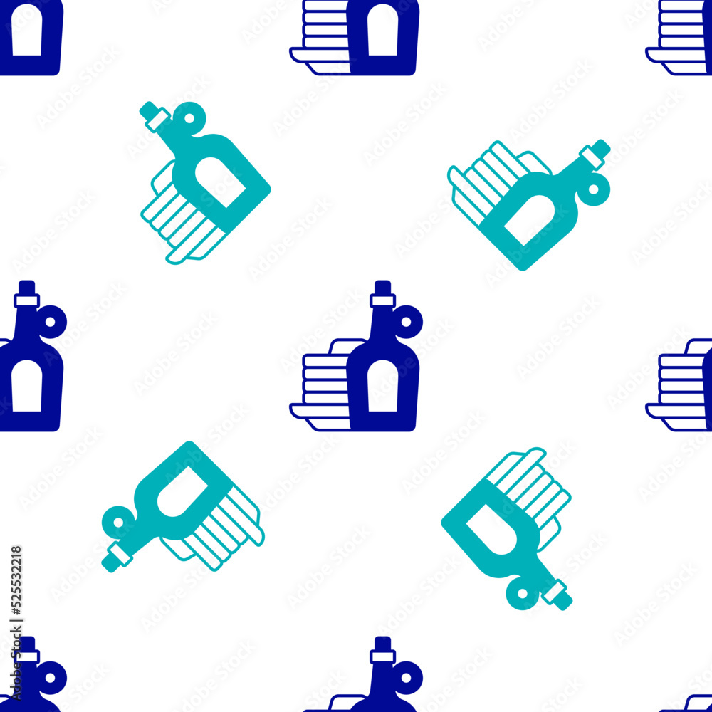 Poster blue bottle of maple syrup with stack of pancakes icon isolated seamless pattern on white background