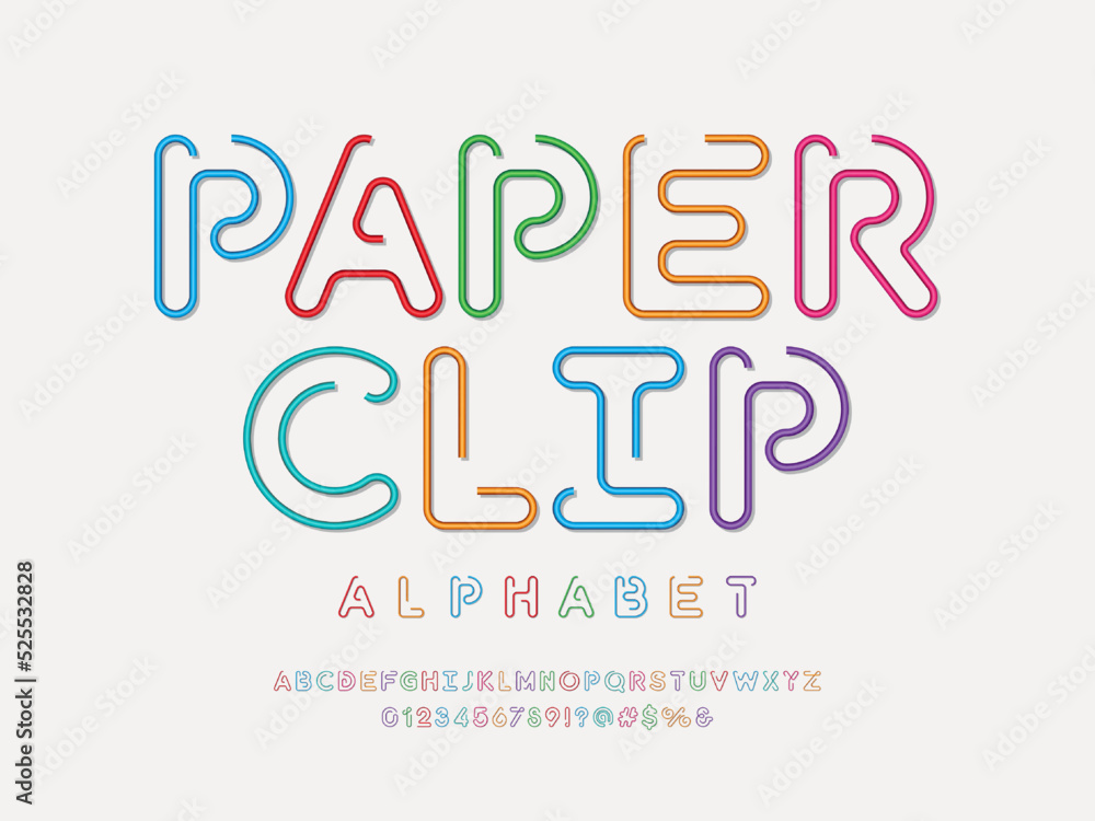 Poster paperclip style alphabet design with uppercase, numbers and symbols