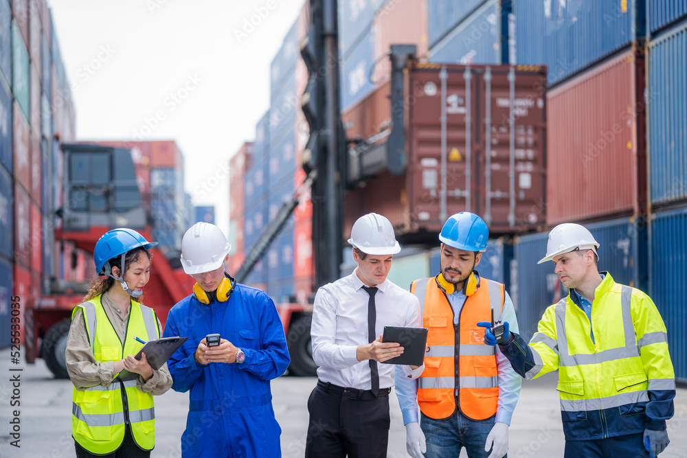 Poster businessman and technician team working planning the transportation for import or export at overseas