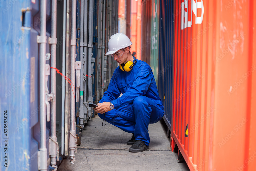 Poster foreman or worker are checking on shipping containers,cargo shipping import and export industry.