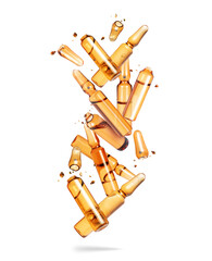 Broken medical ampoules in the air isolated on a white background